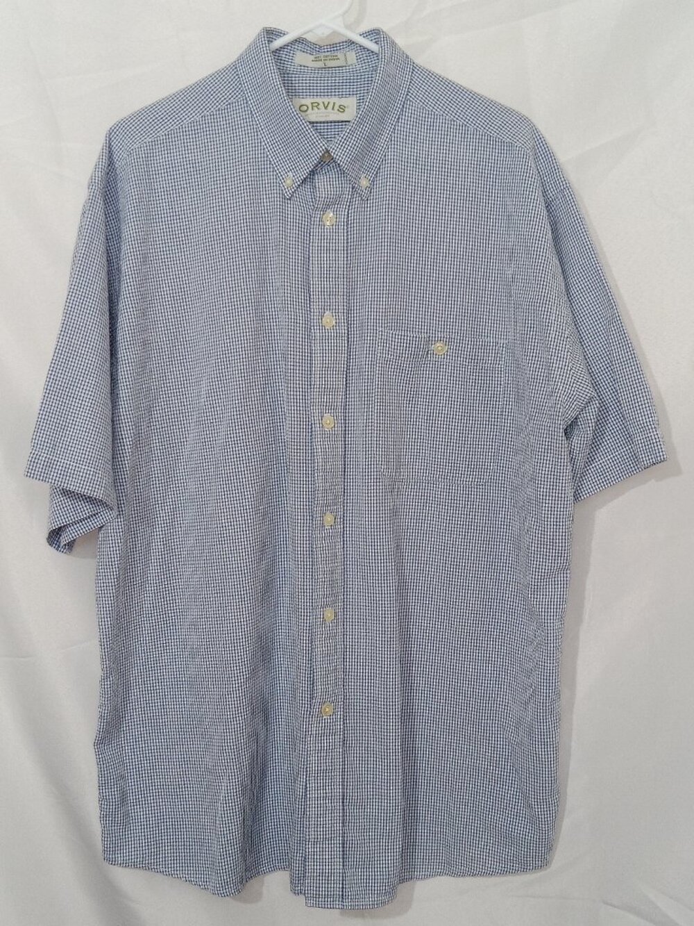 Orvis Seersucker Gingham Shirt Mens L Blue Check Button Down